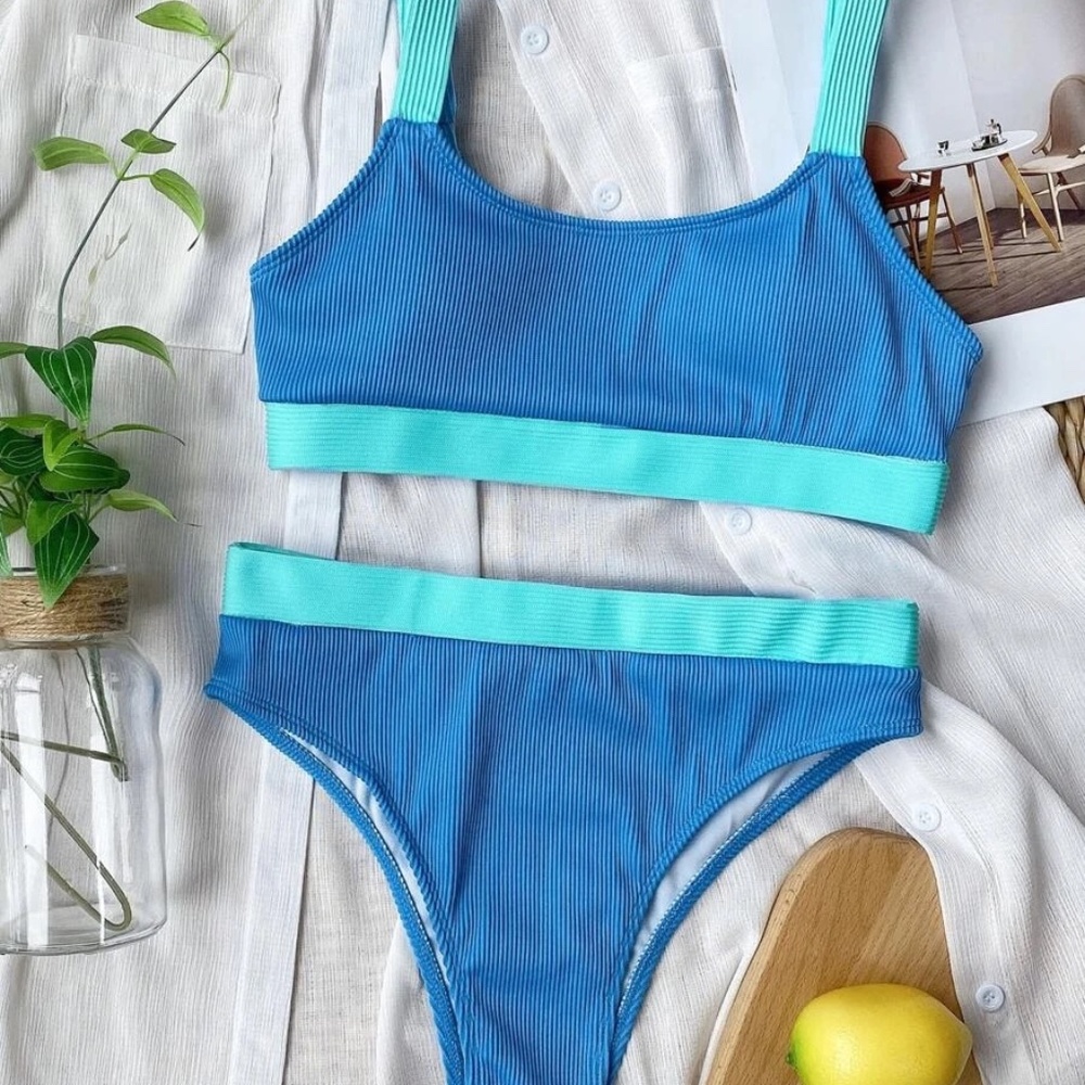 Blue Colorblock Ribbed Bikini